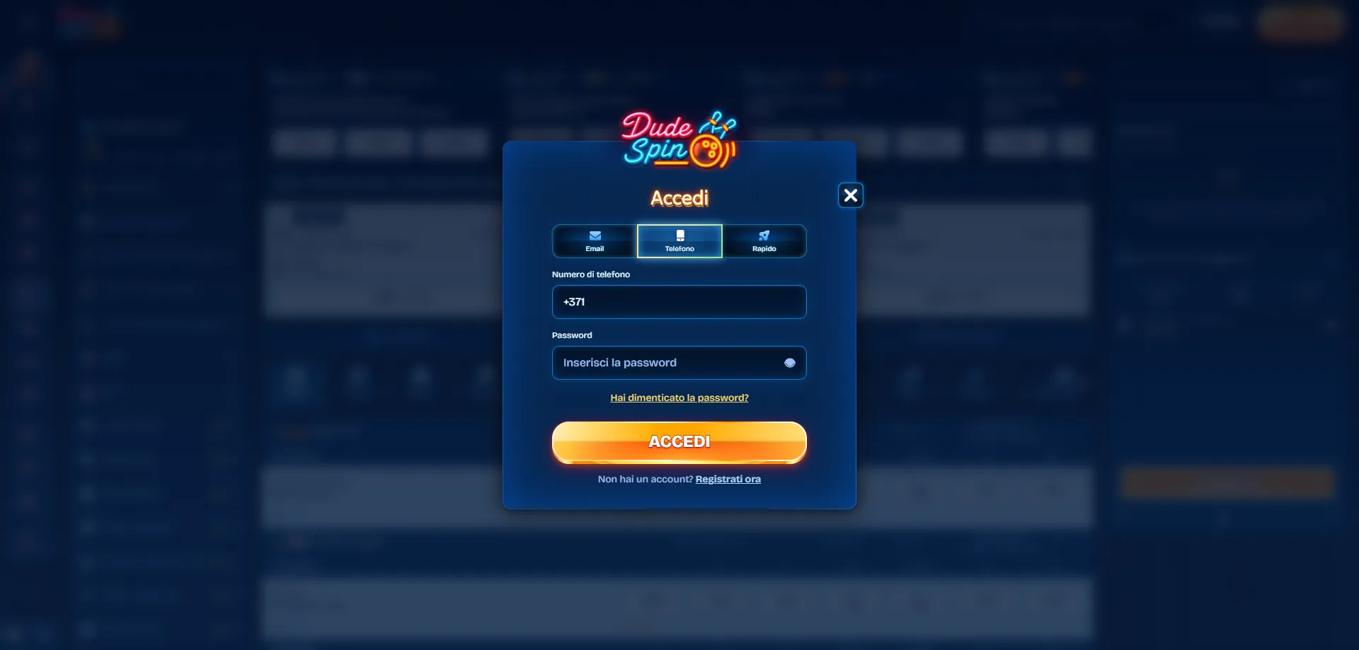 Schermata di accesso Dudespin Casino — dudespin login sicuro e veloce