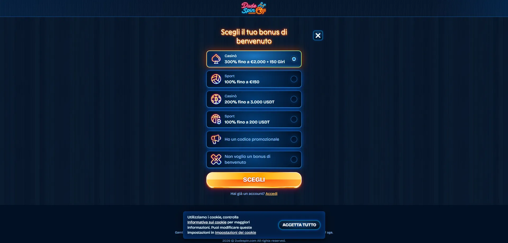 Modulo di registrazione Dudespin Casino — crea il tuo account in pochi passi