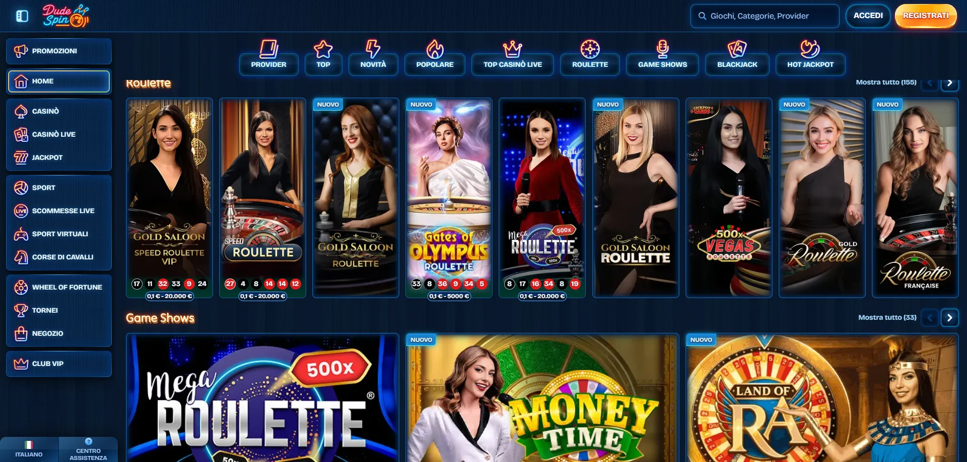 Tavoli live Dudespin Casino con croupier professionisti in diretta