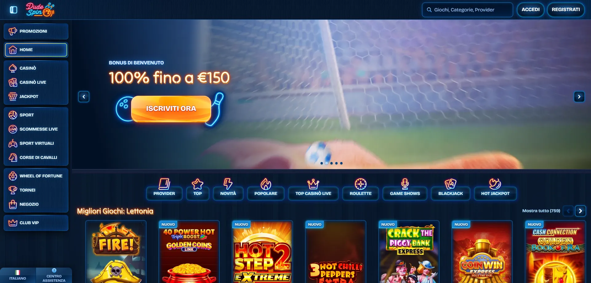 Dudespin Casino homepage — promozioni e codici bonus aggiornati 2026